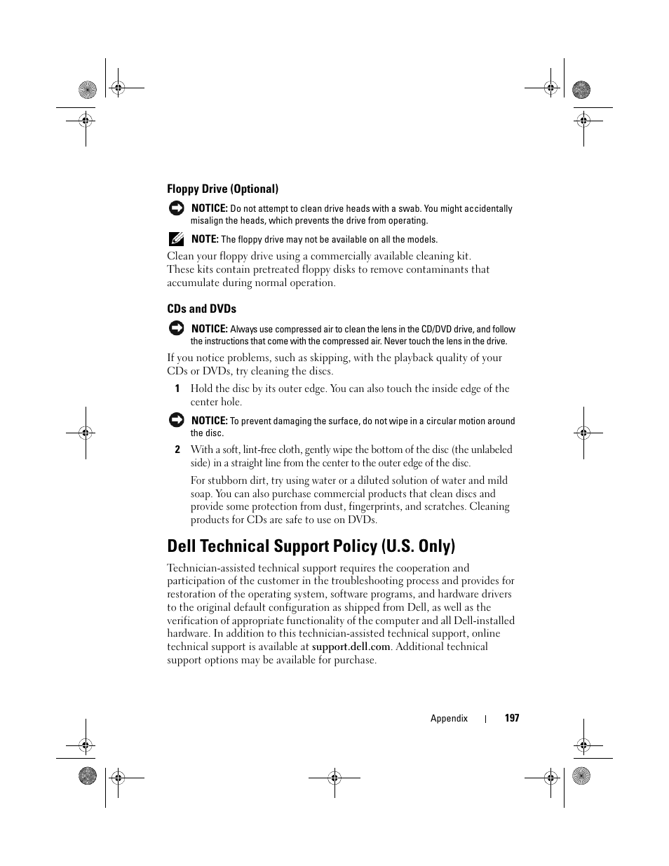 Floppy drive (optional), Cds and dvds, Dell technical support policy (u.s. only) | Dell Inspiron 530s (Mid 2007) User Manual | Page 197 / 222