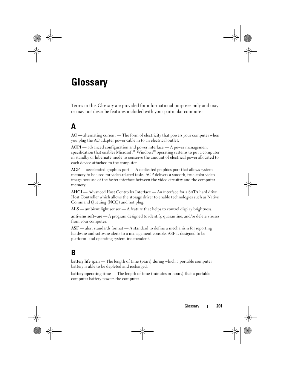 Glossary | Dell Inspiron 530s (Mid 2007) User Manual | Page 201 / 222