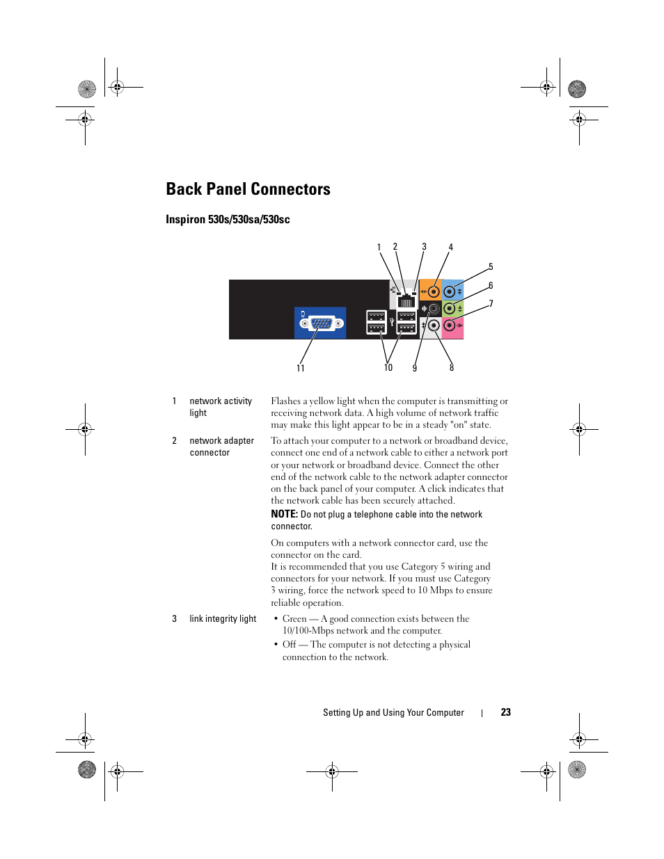 Back panel connectors, Inspiron 530s/530sa/530sc | Dell Inspiron 530s (Mid 2007) User Manual | Page 23 / 222