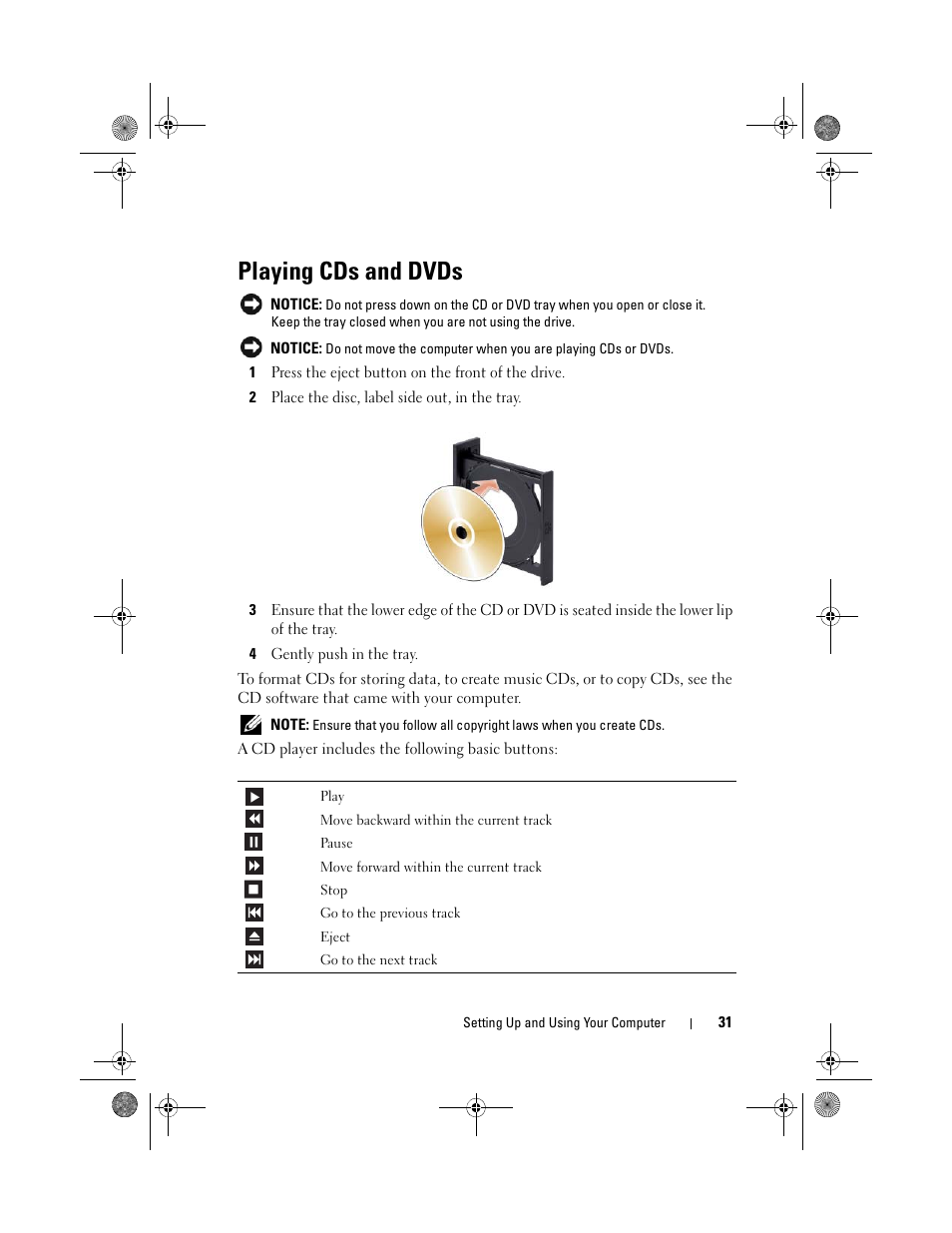 Playing cds and dvds | Dell Inspiron 530s (Mid 2007) User Manual | Page 31 / 222