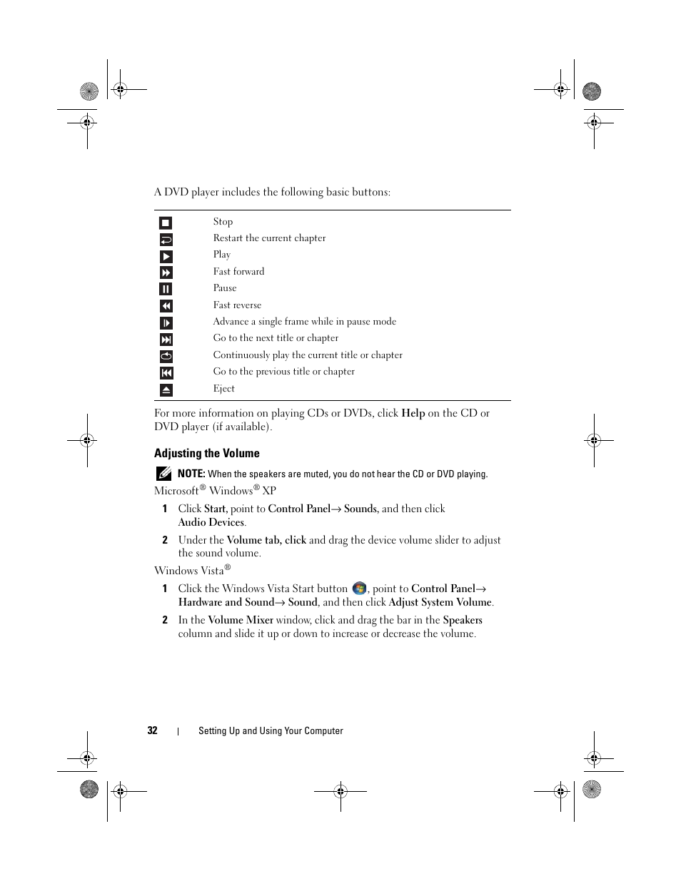 Adjusting the volume | Dell Inspiron 530s (Mid 2007) User Manual | Page 32 / 222