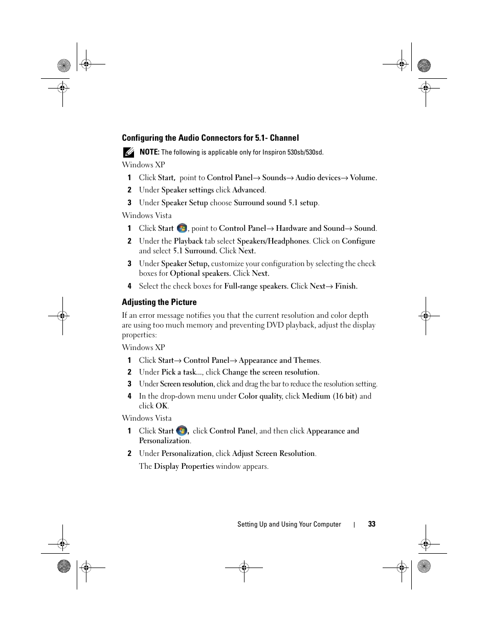 Configuring the audio connectors for 5.1- channel, Adjusting the picture | Dell Inspiron 530s (Mid 2007) User Manual | Page 33 / 222