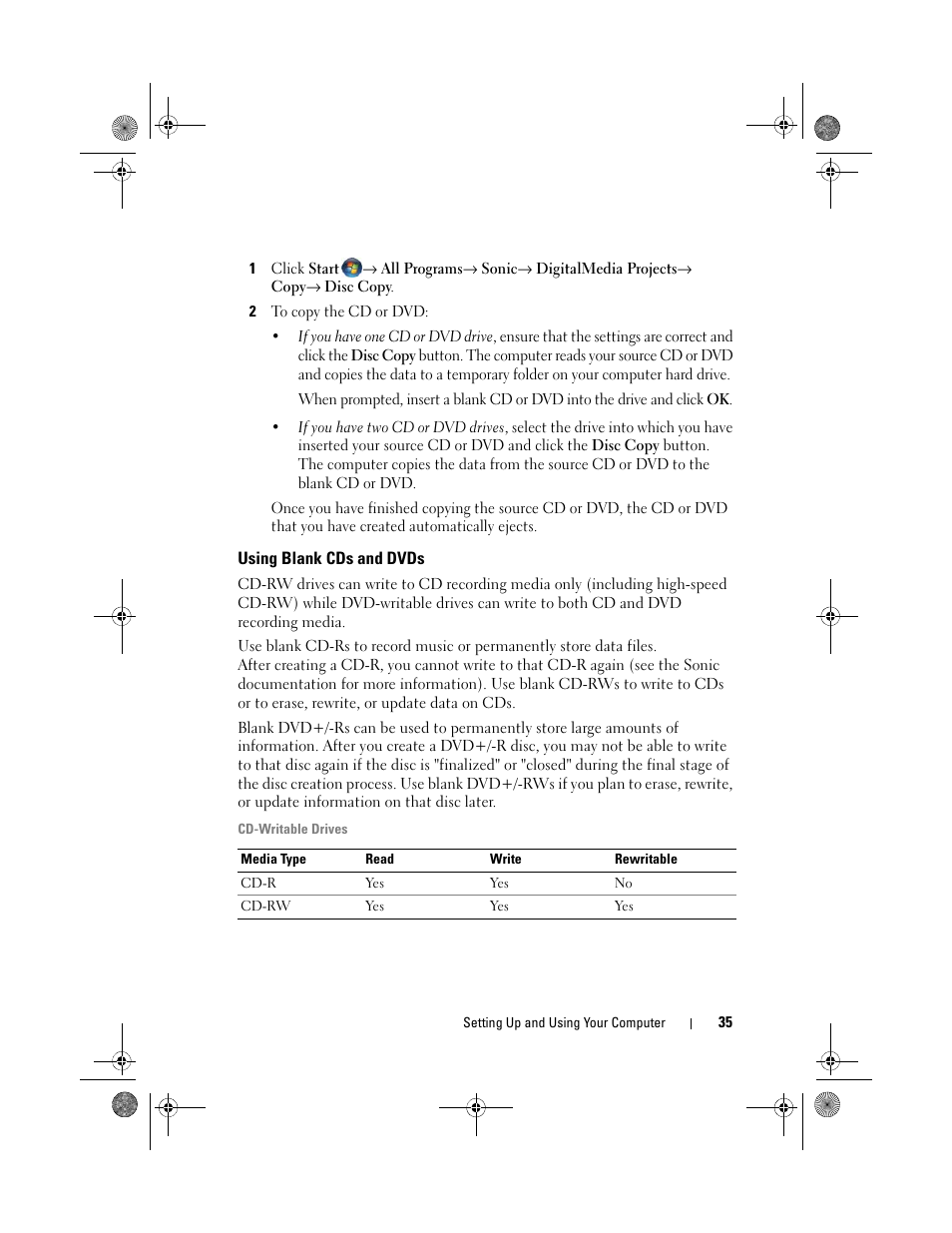 Using blank cds and dvds | Dell Inspiron 530s (Mid 2007) User Manual | Page 35 / 222