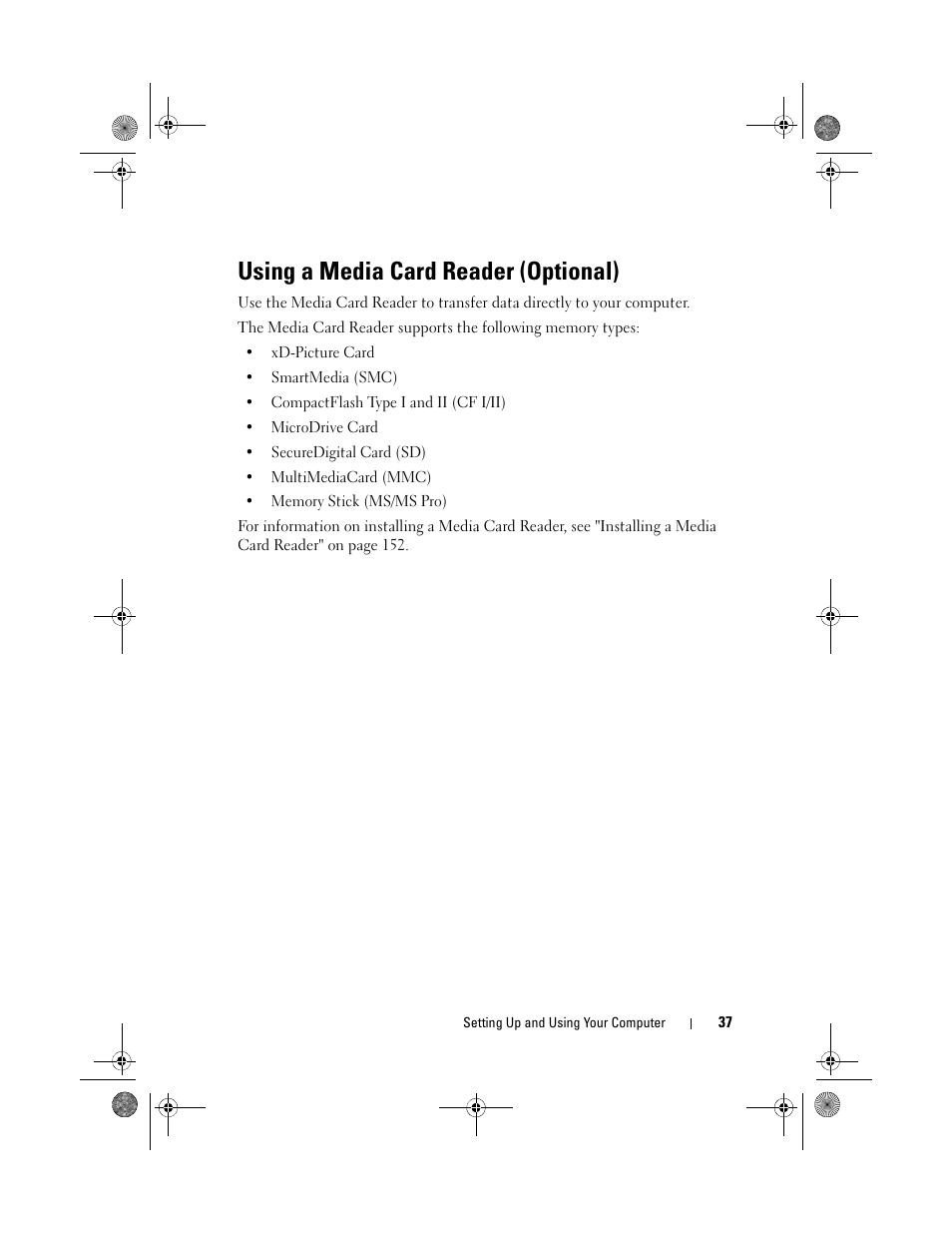 Using a media card reader (optional) | Dell Inspiron 530s (Mid 2007) User Manual | Page 37 / 222