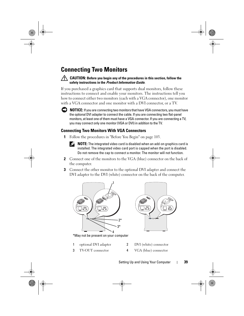 Connecting two monitors, Connecting two monitors with vga connectors | Dell Inspiron 530s (Mid 2007) User Manual | Page 39 / 222