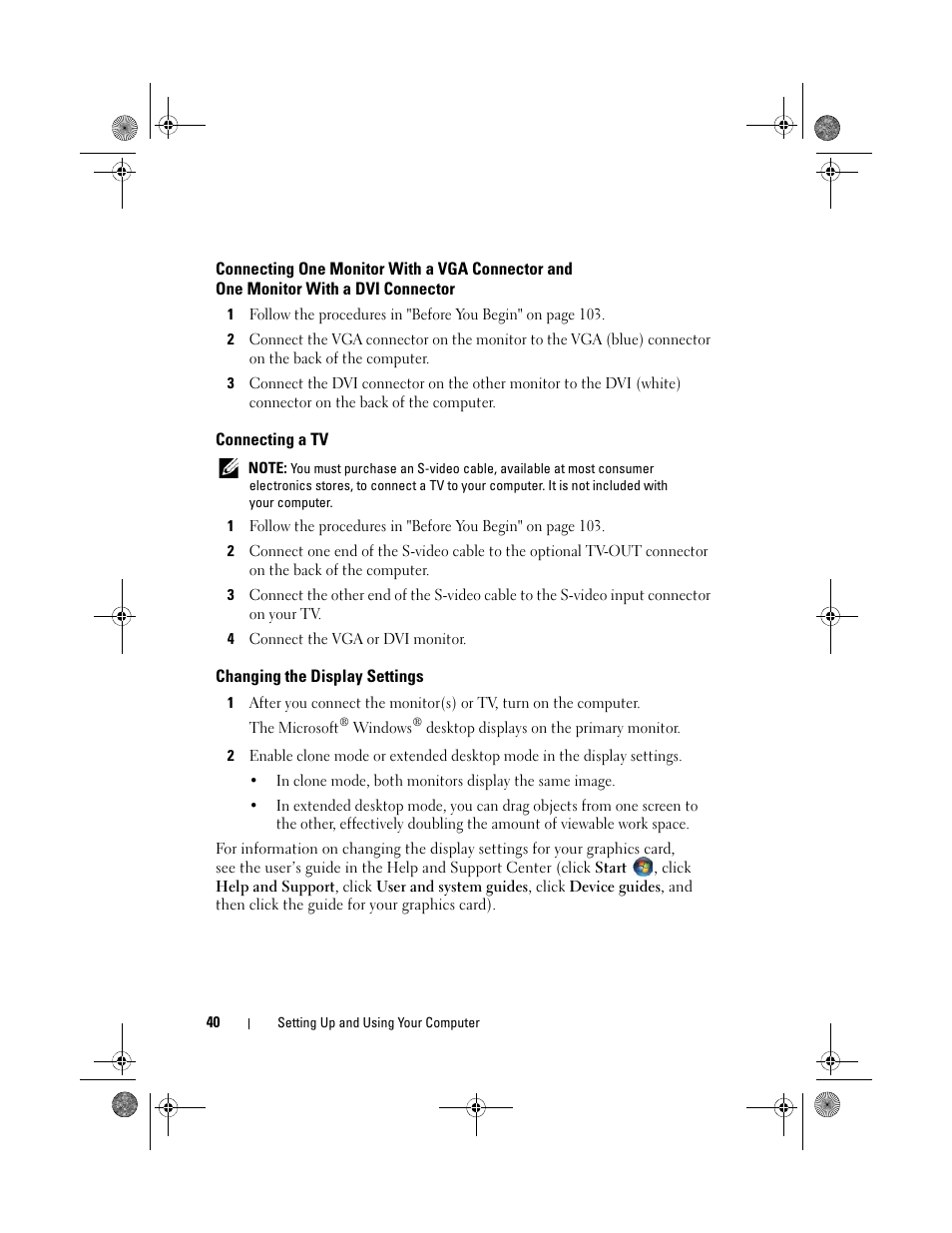 Connecting a tv, Changing the display settings | Dell Inspiron 530s (Mid 2007) User Manual | Page 40 / 222