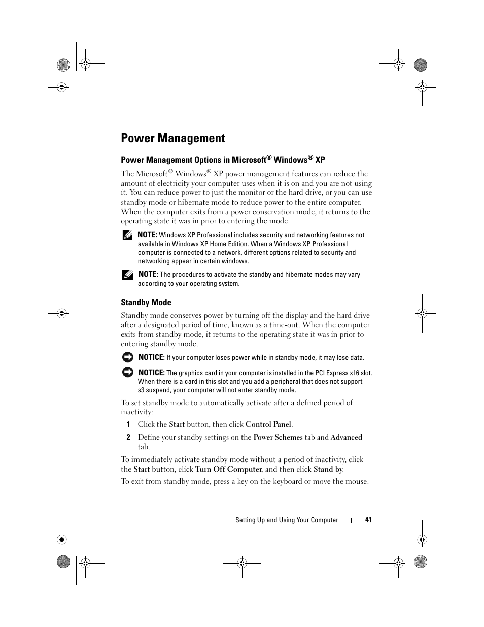 Power management, Power management options in microsoft® windows® xp, Standby mode | Power management options in microsoft | Dell Inspiron 530s (Mid 2007) User Manual | Page 41 / 222