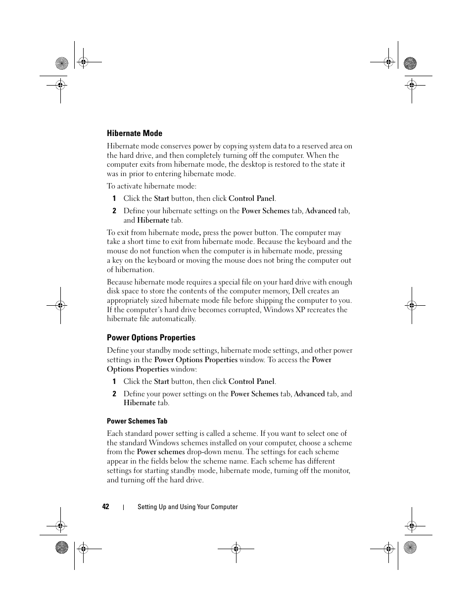 Hibernate mode, Power options properties, Power schemes tab | Dell Inspiron 530s (Mid 2007) User Manual | Page 42 / 222