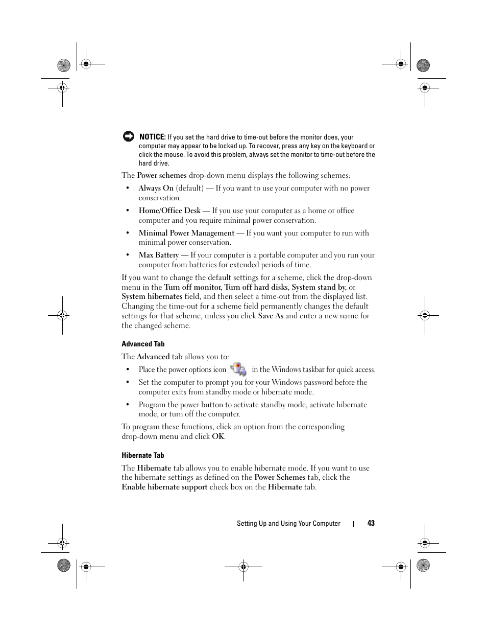 Advanced tab, Hibernate tab | Dell Inspiron 530s (Mid 2007) User Manual | Page 43 / 222