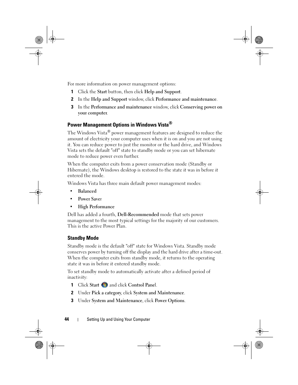 Power management options in windows vista, Standby mode | Dell Inspiron 530s (Mid 2007) User Manual | Page 44 / 222