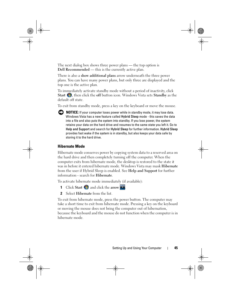 Hibernate mode | Dell Inspiron 530s (Mid 2007) User Manual | Page 45 / 222