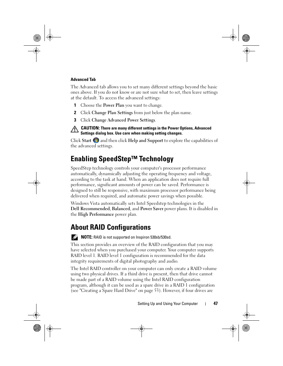 Advanced tab, Enabling speedstep™ technology, About raid configurations | Dell Inspiron 530s (Mid 2007) User Manual | Page 47 / 222