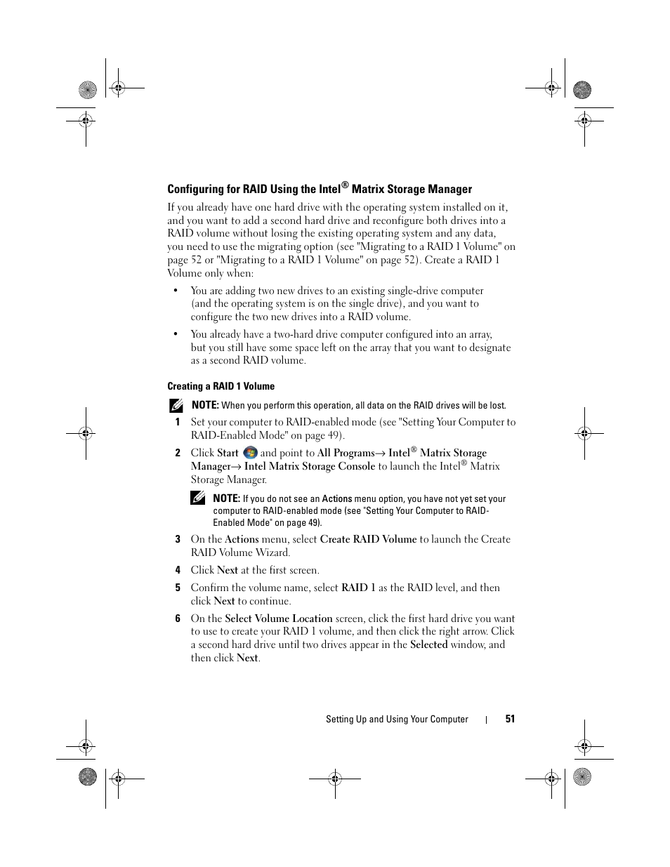 Creating a raid 1 volume, Configuring for raid using the intel | Dell Inspiron 530s (Mid 2007) User Manual | Page 51 / 222