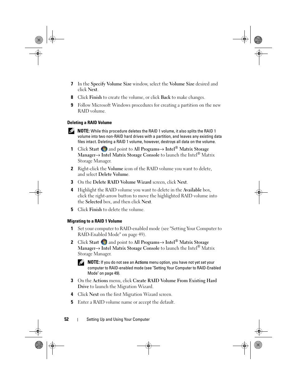 Deleting a raid volume, Migrating to a raid 1 volume | Dell Inspiron 530s (Mid 2007) User Manual | Page 52 / 222