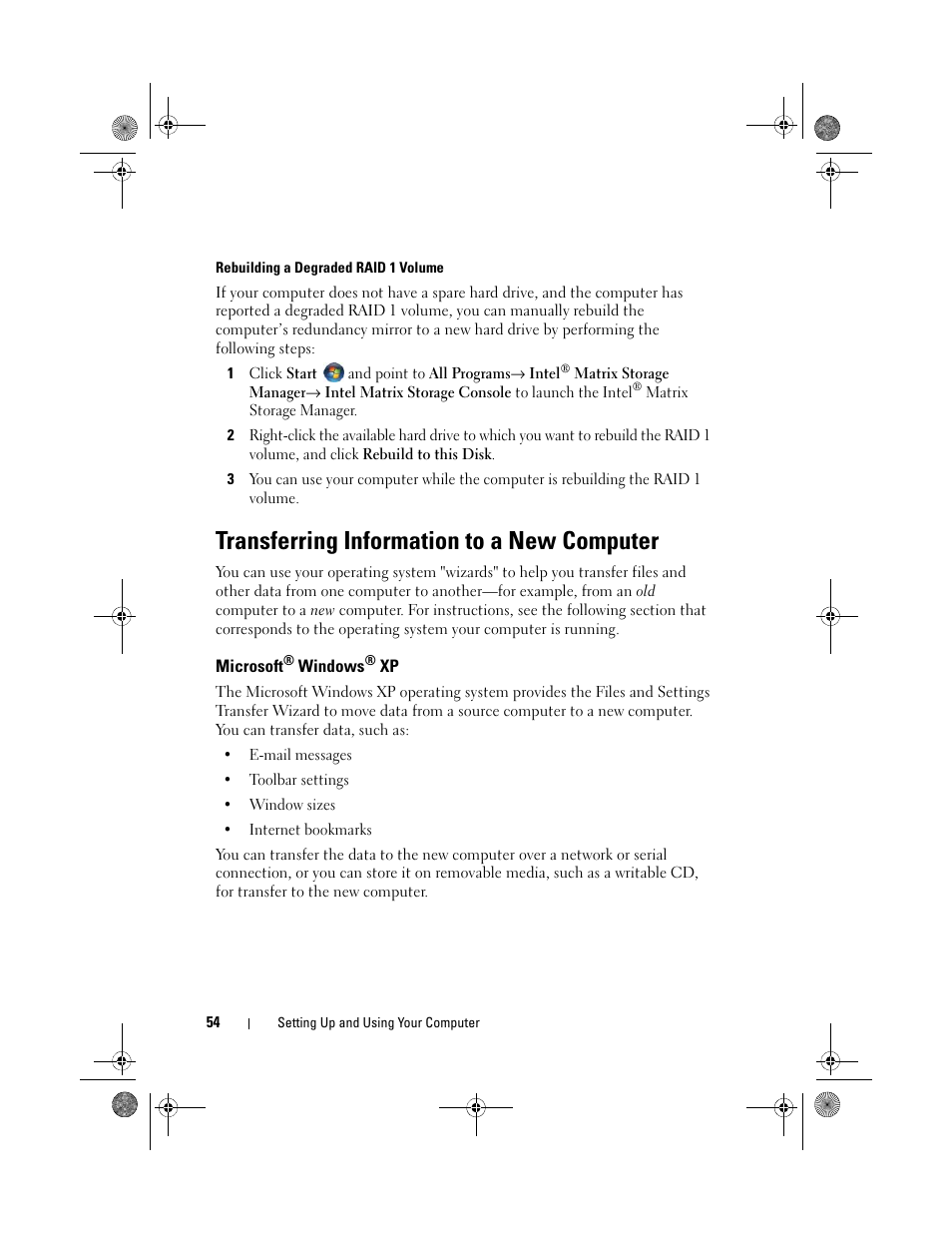 Rebuilding a degraded raid 1 volume, Transferring information to a new computer, Microsoft® windows® xp | Microsoft | Dell Inspiron 530s (Mid 2007) User Manual | Page 54 / 222
