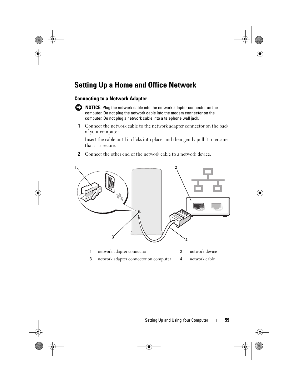 Setting up a home and office network, Connecting to a network adapter | Dell Inspiron 530s (Mid 2007) User Manual | Page 59 / 222