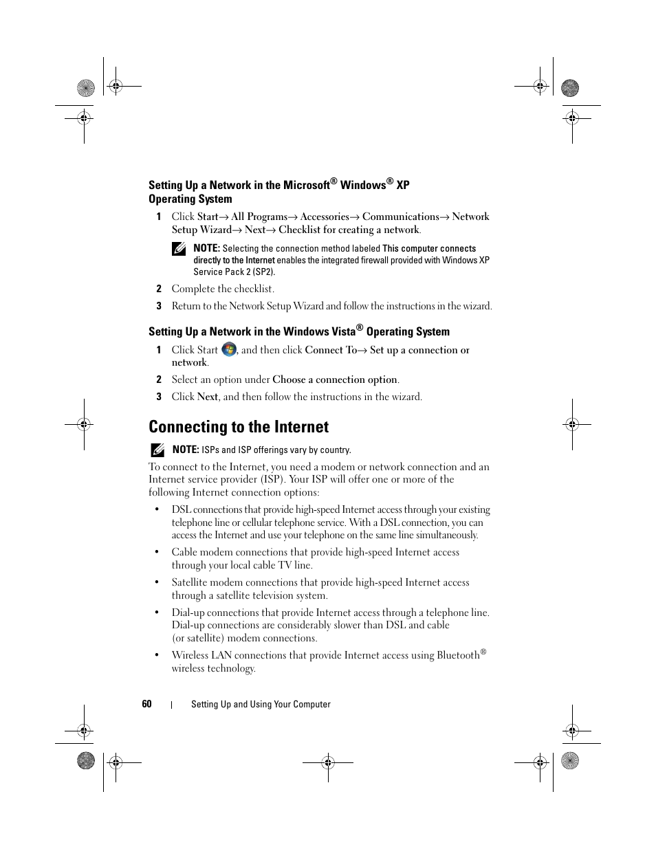 Connecting to the internet, Setting up a network in the microsoft, Setting up a network in the windows vista | Dell Inspiron 530s (Mid 2007) User Manual | Page 60 / 222