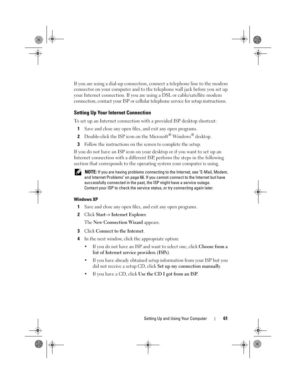 Setting up your internet connection, Windows xp | Dell Inspiron 530s (Mid 2007) User Manual | Page 61 / 222