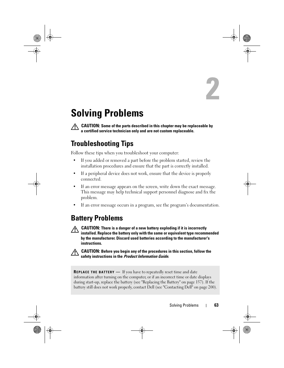 Solving problems, Troubleshooting tips, Battery problems | Dell Inspiron 530s (Mid 2007) User Manual | Page 63 / 222