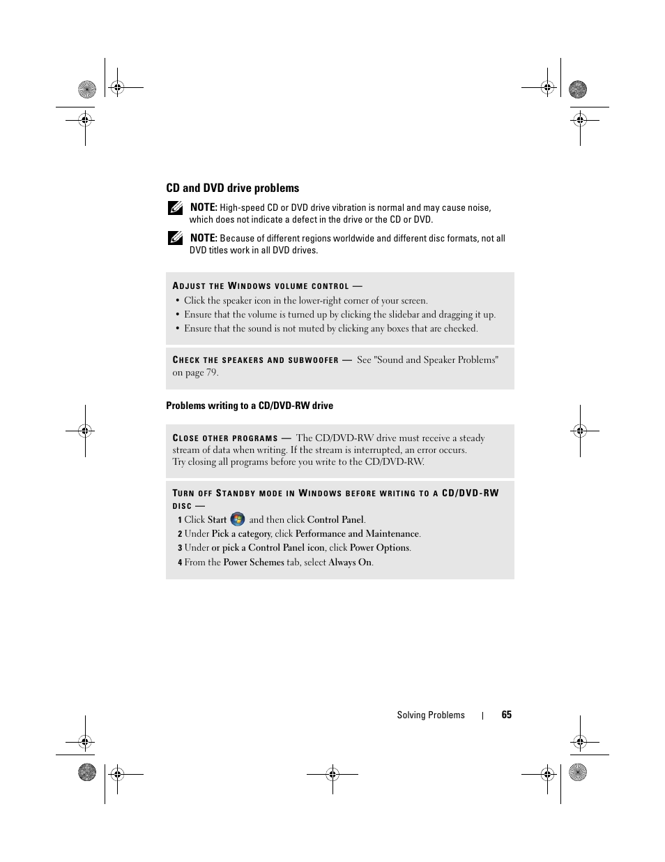 Cd and dvd drive problems, Problems writing to a cd/dvd-rw drive | Dell Inspiron 530s (Mid 2007) User Manual | Page 65 / 222