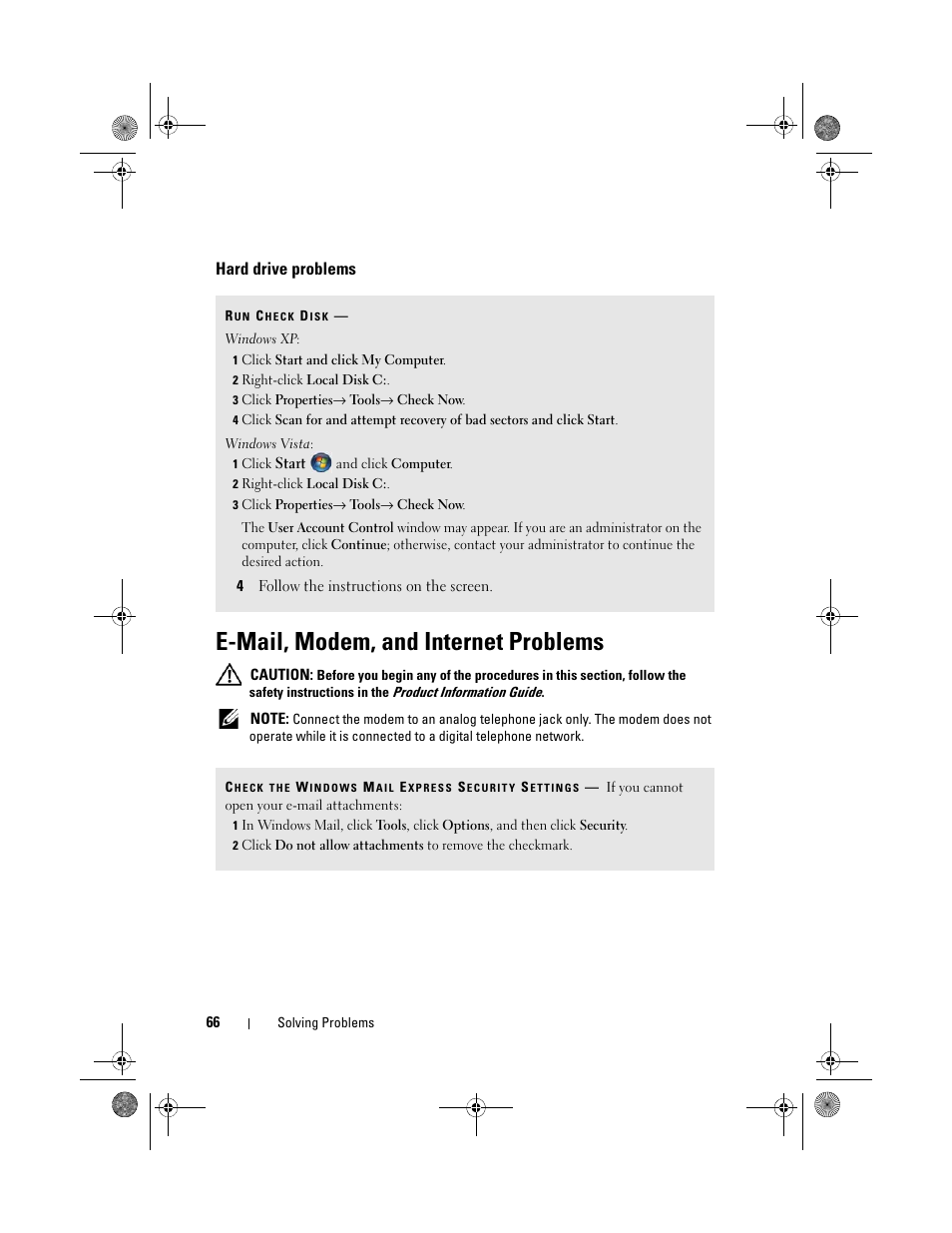 Hard drive problems, E-mail, modem, and internet problems | Dell Inspiron 530s (Mid 2007) User Manual | Page 66 / 222