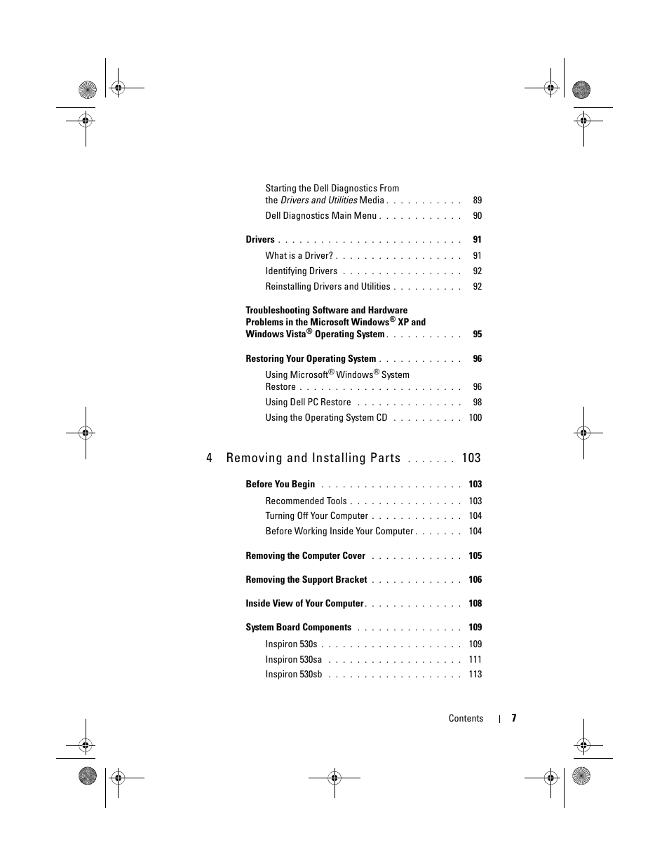 4 removing and installing parts 103, 4removing and installing parts | Dell Inspiron 530s (Mid 2007) User Manual | Page 7 / 222