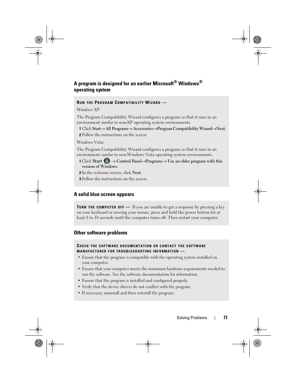 A solid blue screen appears, Other software problems, A program is designed for an earlier microsoft | Windows | Dell Inspiron 530s (Mid 2007) User Manual | Page 71 / 222