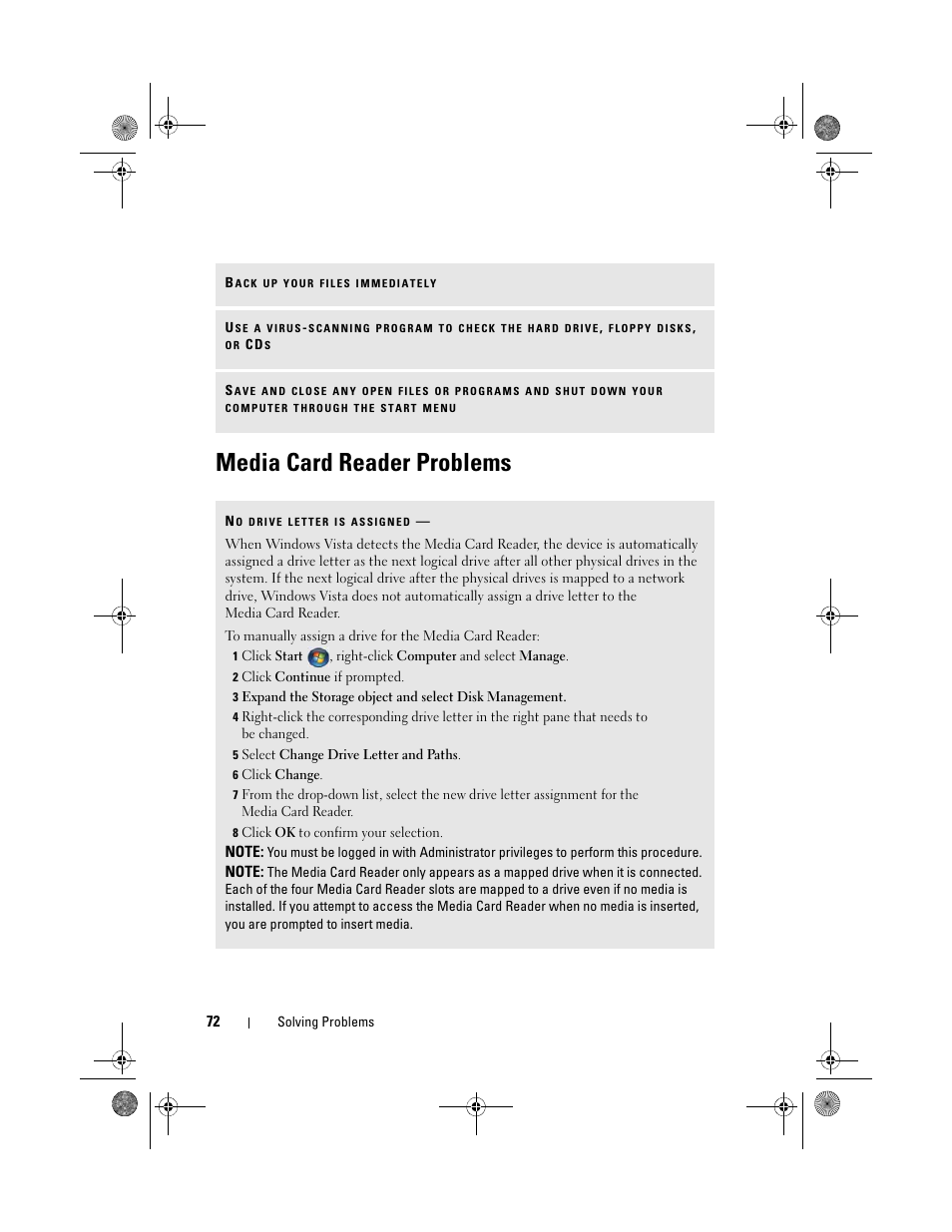 Media card reader problems | Dell Inspiron 530s (Mid 2007) User Manual | Page 72 / 222