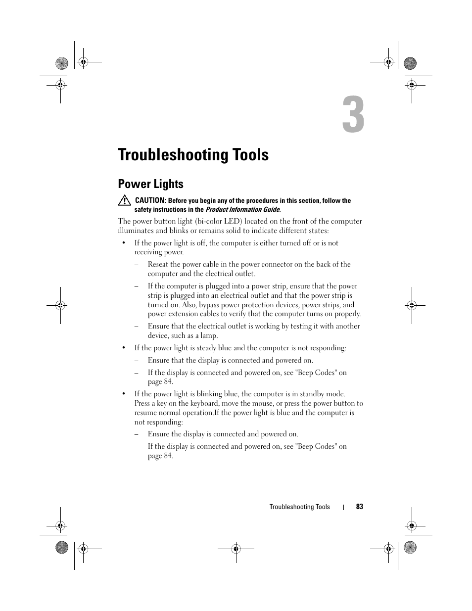 Troubleshooting tools, Power lights | Dell Inspiron 530s (Mid 2007) User Manual | Page 83 / 222