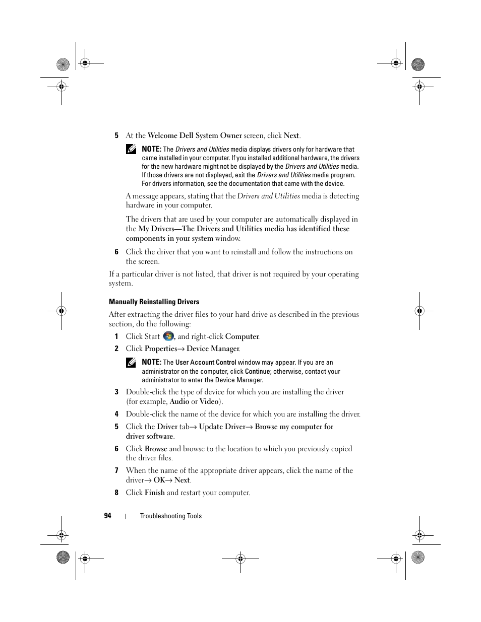 Manually reinstalling drivers, See "manually reinstalling drivers" on, If not, go to step 5 | Dell Inspiron 530s (Mid 2007) User Manual | Page 94 / 222