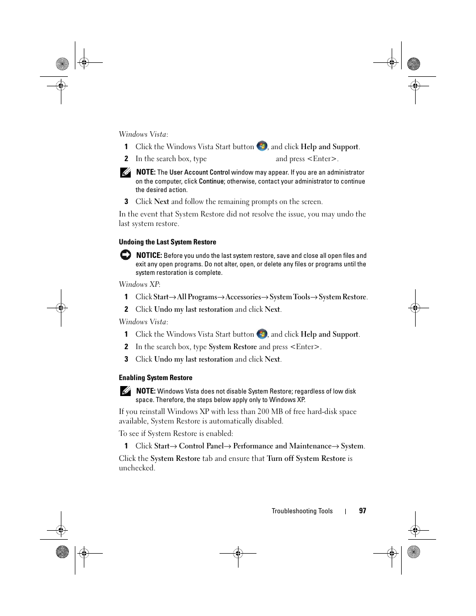 Undoing the last system restore, Enabling system restore | Dell Inspiron 530s (Mid 2007) User Manual | Page 97 / 222