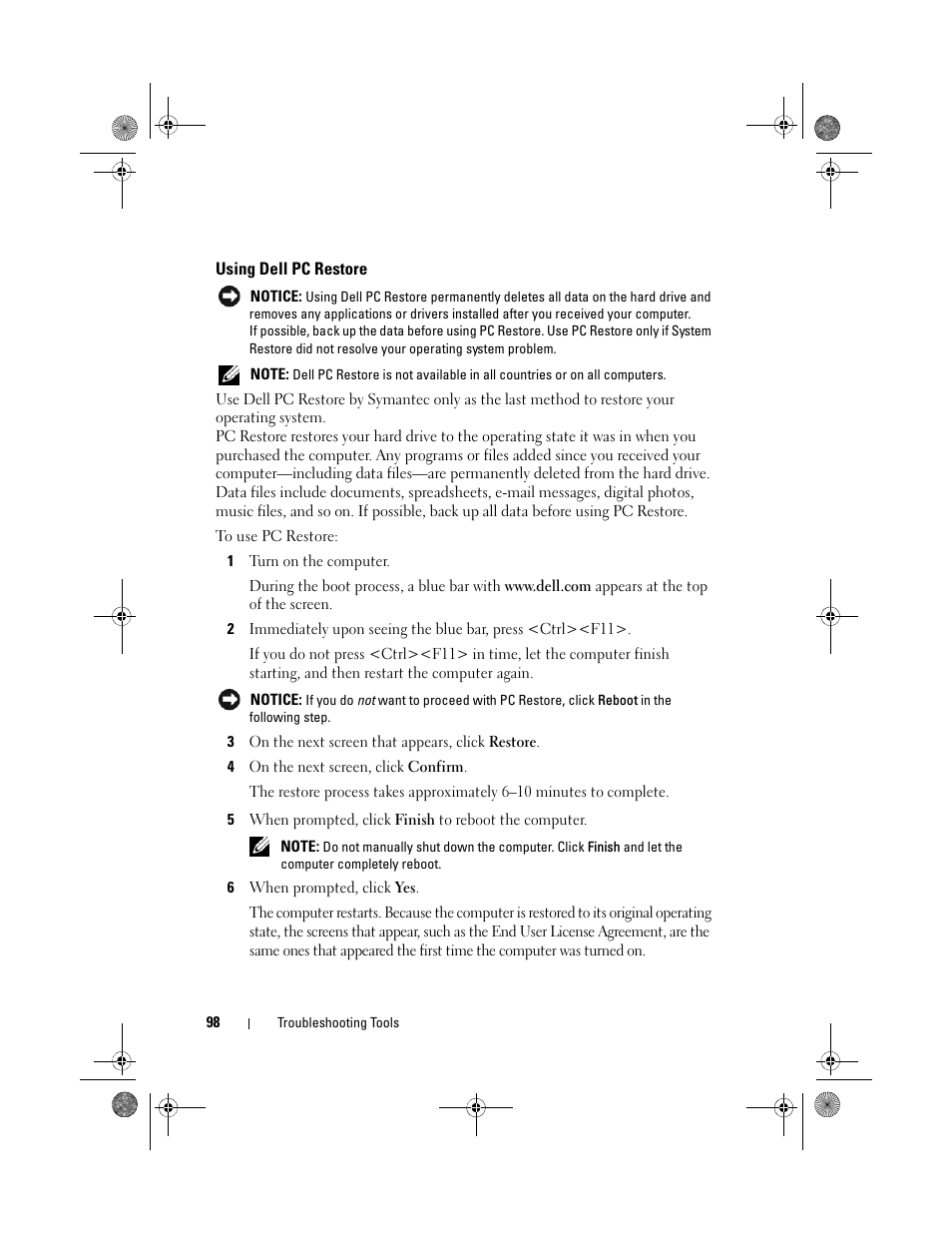 Using dell pc restore | Dell Inspiron 530s (Mid 2007) User Manual | Page 98 / 222