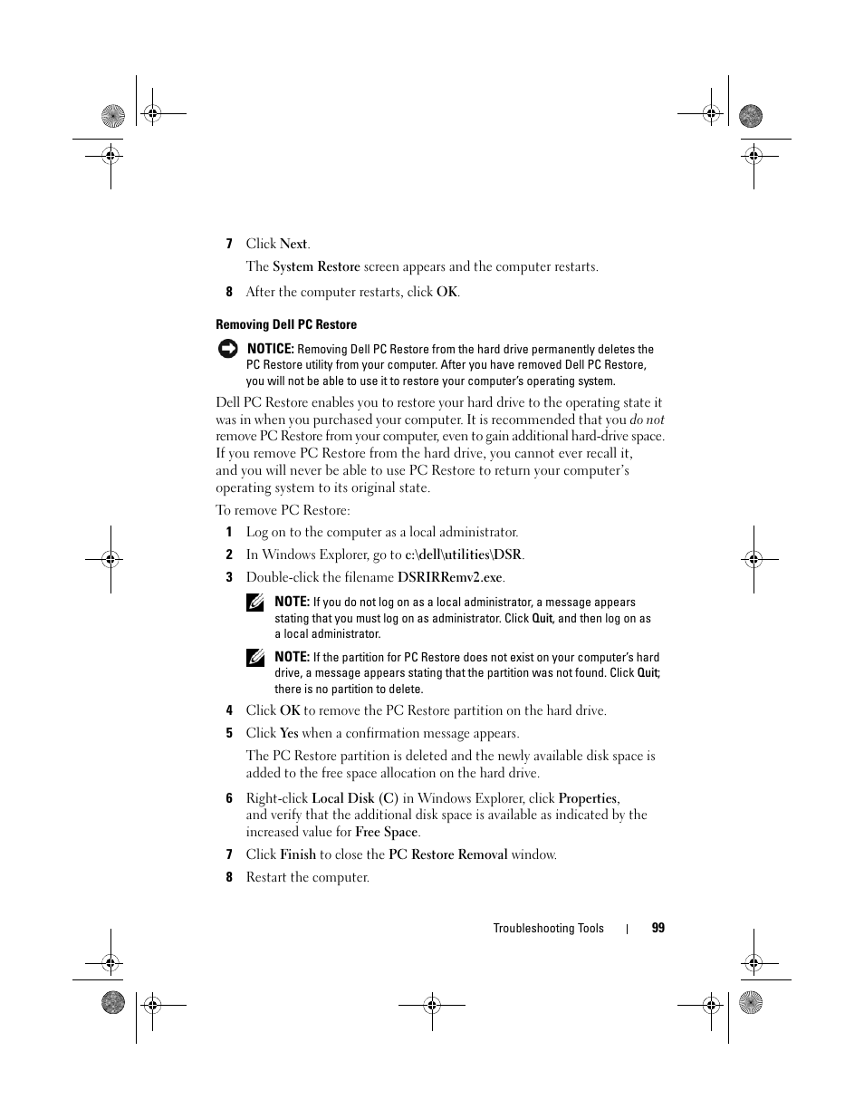 Removing dell pc restore | Dell Inspiron 530s (Mid 2007) User Manual | Page 99 / 222