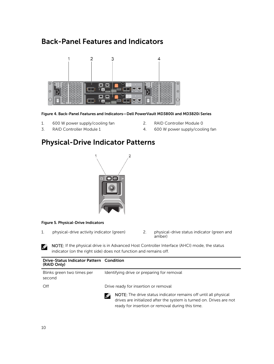 Back-panel features and indicators, Physical-drive indicator patterns | Dell PowerVault MD3800i User Manual | Page 10 / 47