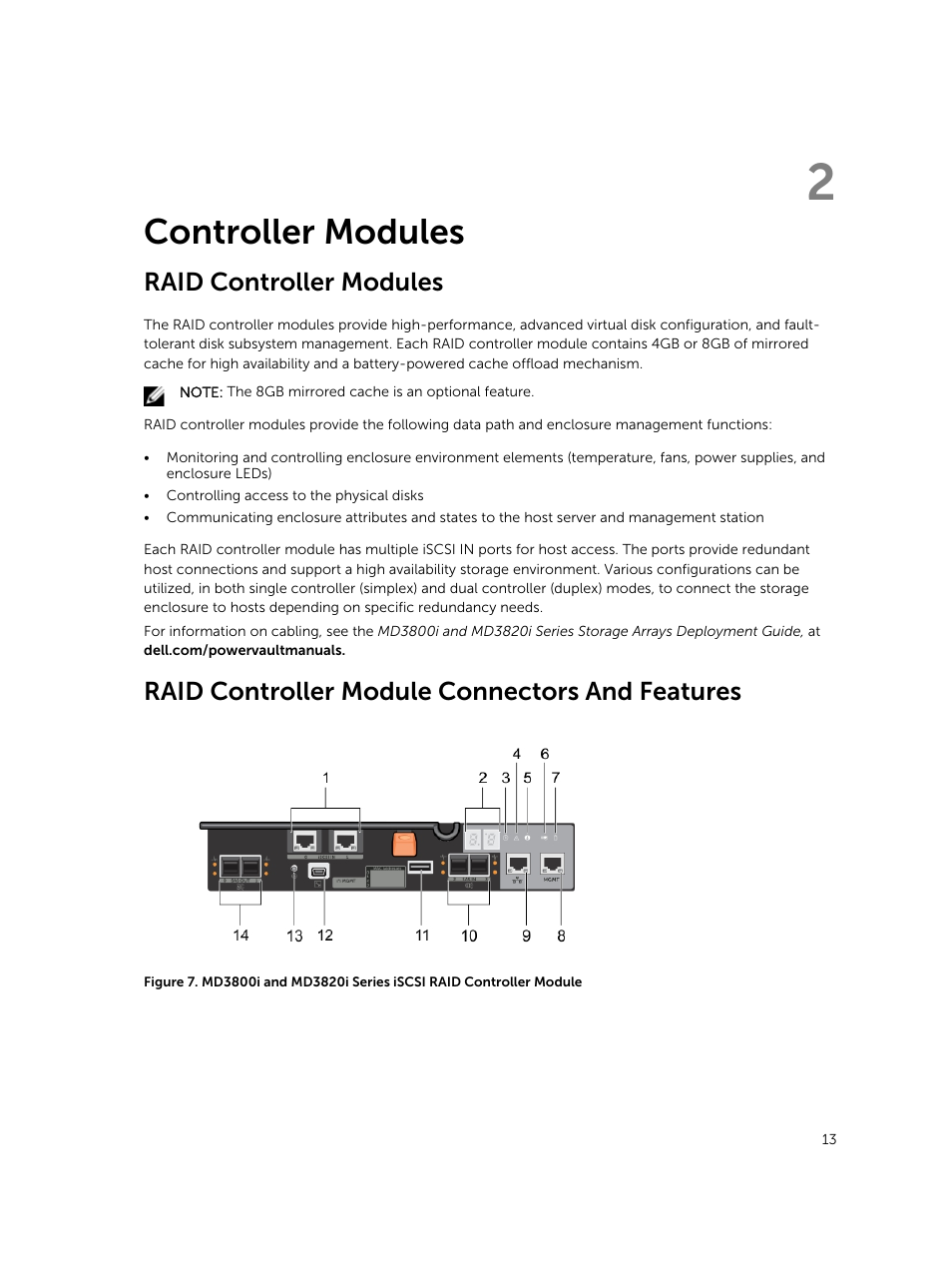 Controller modules, Raid controller modules, Raid controller module connectors and features | 2 controller modules | Dell PowerVault MD3800i User Manual | Page 13 / 47