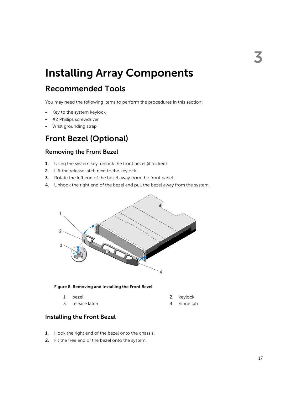 Installing array components, Recommended tools, Front bezel (optional) | Removing the front bezel, Installing the front bezel, 3 installing array components | Dell PowerVault MD3800i User Manual | Page 17 / 47