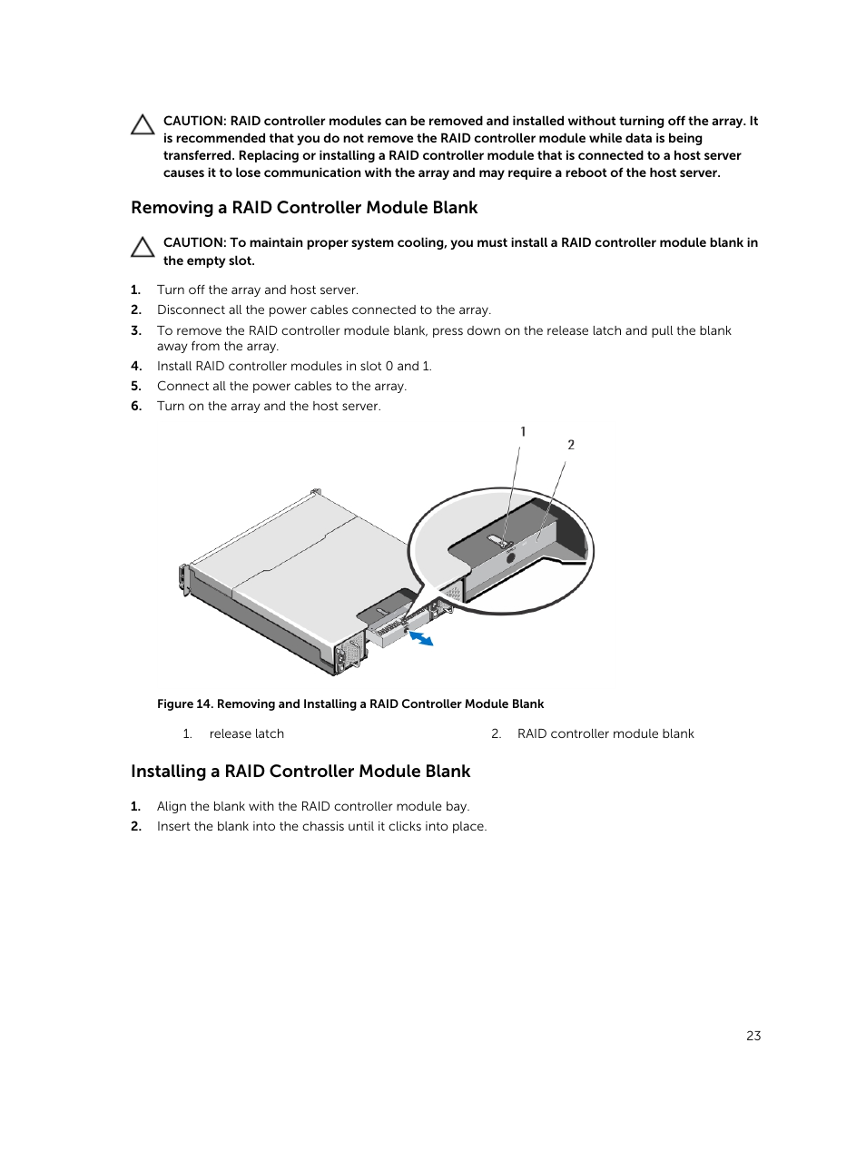 Removing a raid controller module blank, Installing a raid controller module blank | Dell PowerVault MD3800i User Manual | Page 23 / 47