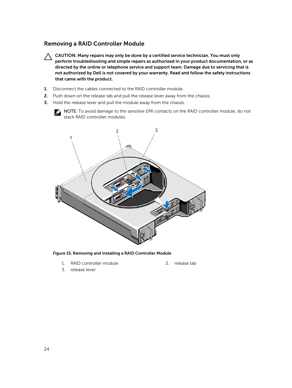Removing a raid controller module | Dell PowerVault MD3800i User Manual | Page 24 / 47