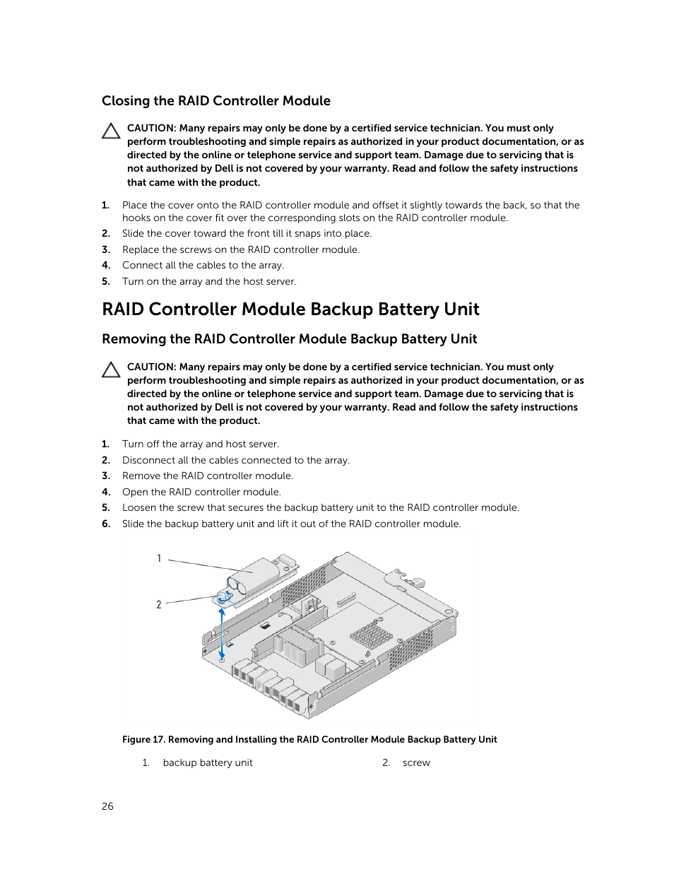 Closing the raid controller module, Raid controller module backup battery unit | Dell PowerVault MD3800i User Manual | Page 26 / 47