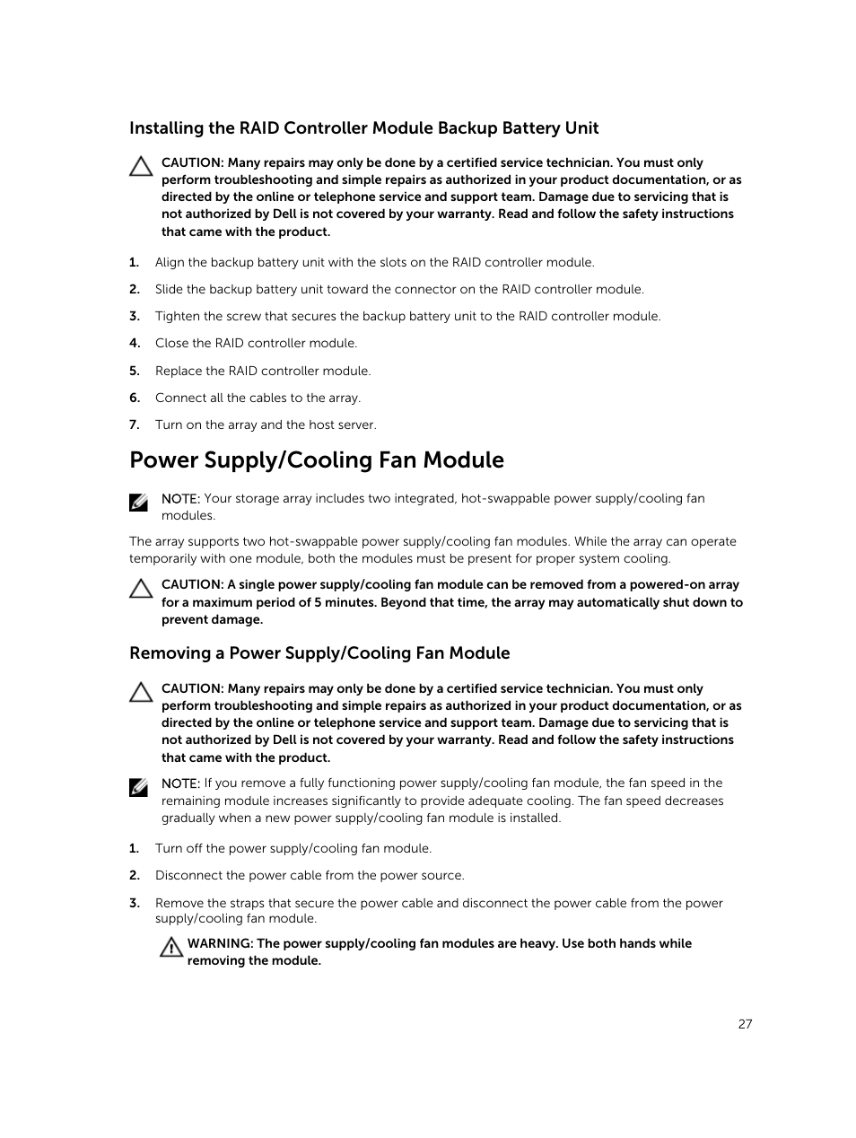 Power supply/cooling fan module, Removing a power supply/cooling fan module | Dell PowerVault MD3800i User Manual | Page 27 / 47
