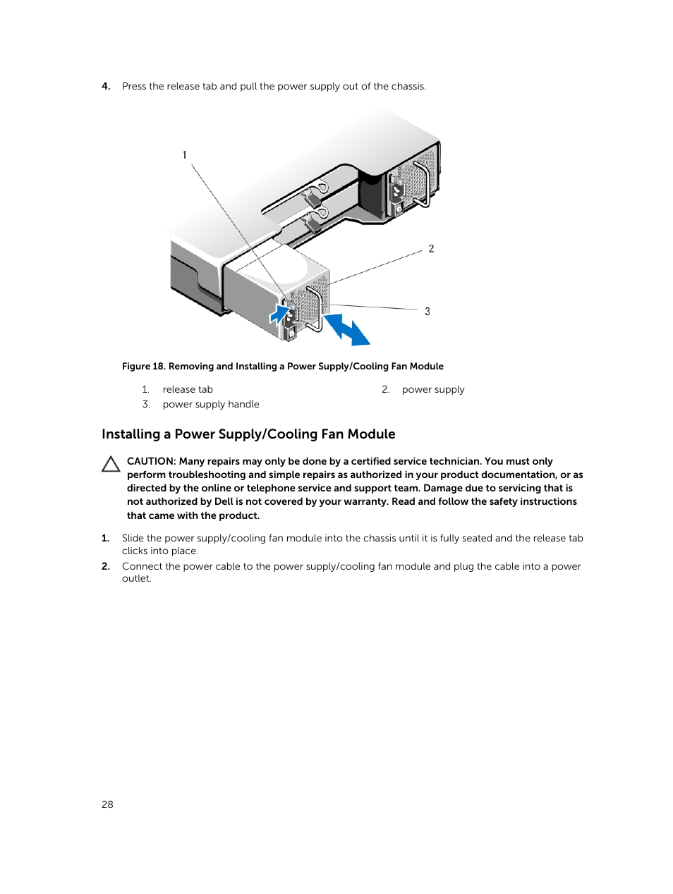 Installing a power supply/cooling fan module | Dell PowerVault MD3800i User Manual | Page 28 / 47
