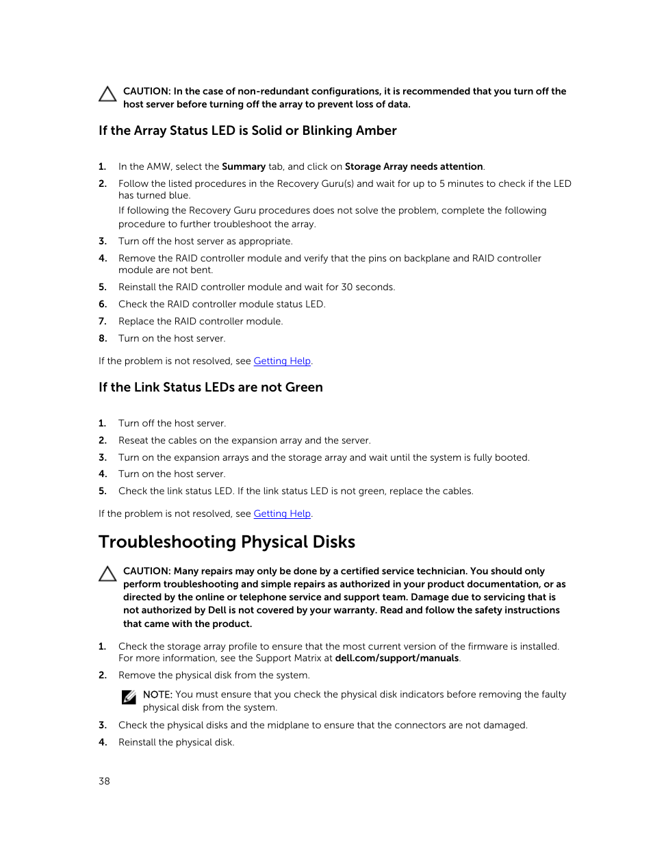 If the array status led is solid or blinking amber, If the link status leds are not green, Troubleshooting physical disks | Dell PowerVault MD3800i User Manual | Page 38 / 47