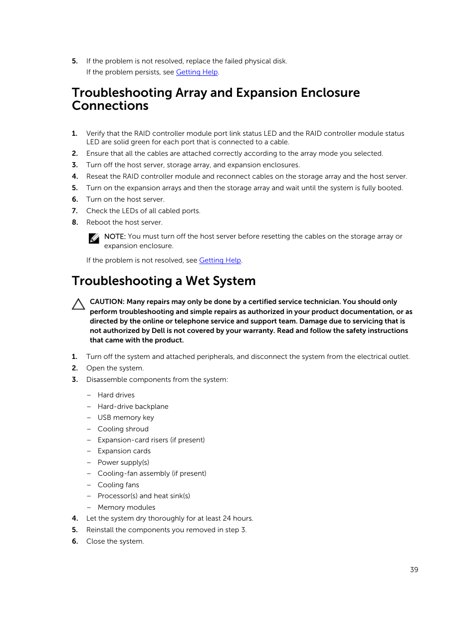 Troubleshooting a wet system, Troubleshooting array and expansion, Enclosure connections | Dell PowerVault MD3800i User Manual | Page 39 / 47