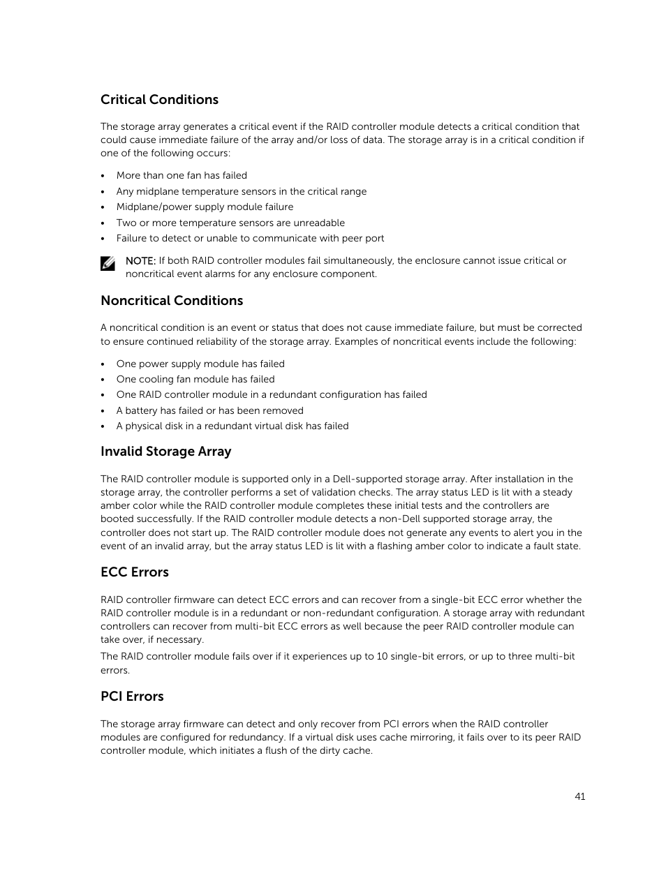 Critical conditions, Noncritical conditions, Invalid storage array | Ecc errors, Pci errors | Dell PowerVault MD3800i User Manual | Page 41 / 47