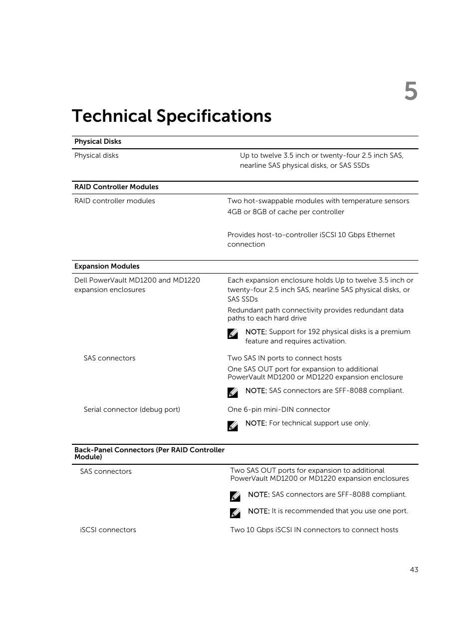 Technical specifications, 5 technical specifications | Dell PowerVault MD3800i User Manual | Page 43 / 47
