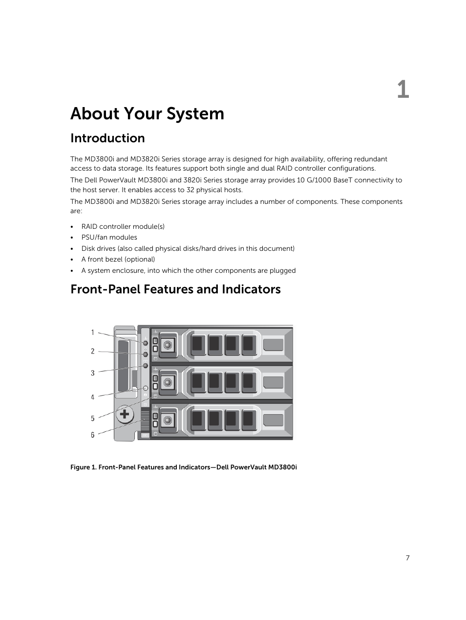 About your system, Introduction, Front-panel features and indicators | 1 about your system | Dell PowerVault MD3800i User Manual | Page 7 / 47