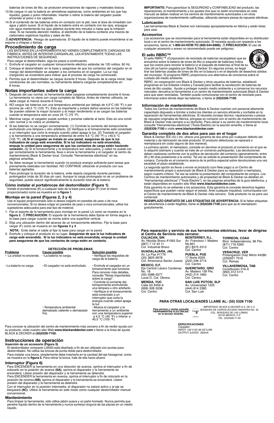 Procedimiento de carga, Notas importantes sobre la carga, Instrucciones de operación | Black & Decker 5147205-00 User Manual | Page 6 / 6