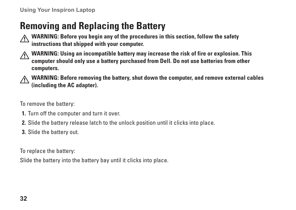 Removing and replacing the battery | Dell Inspiron 1750 (Mid 2009) User Manual | Page 34 / 84