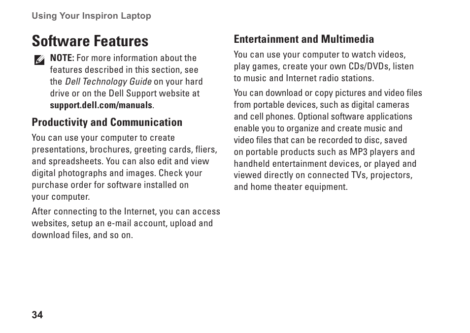 Software features | Dell Inspiron 1750 (Mid 2009) User Manual | Page 36 / 84