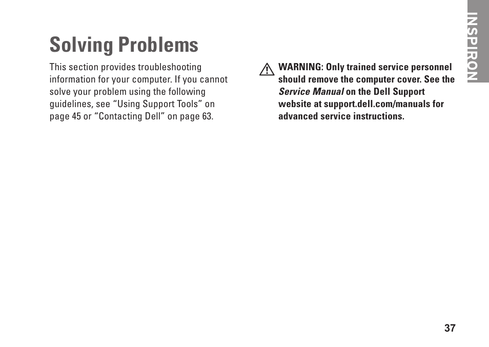 Solving problems, Inspiron | Dell Inspiron 1750 (Mid 2009) User Manual | Page 39 / 84